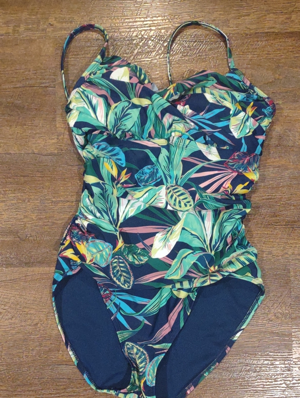 Bleu Rod Beattie Women's 10 Ruched Lined Navy Tropical Leaf One-Piece Swimsuit